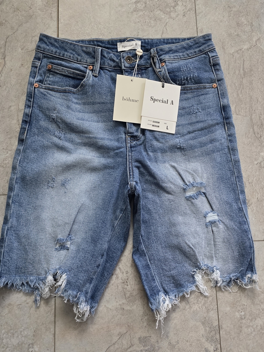 Special A by Böhme Distressed Light Wash Denim Bermuda Shorts Large